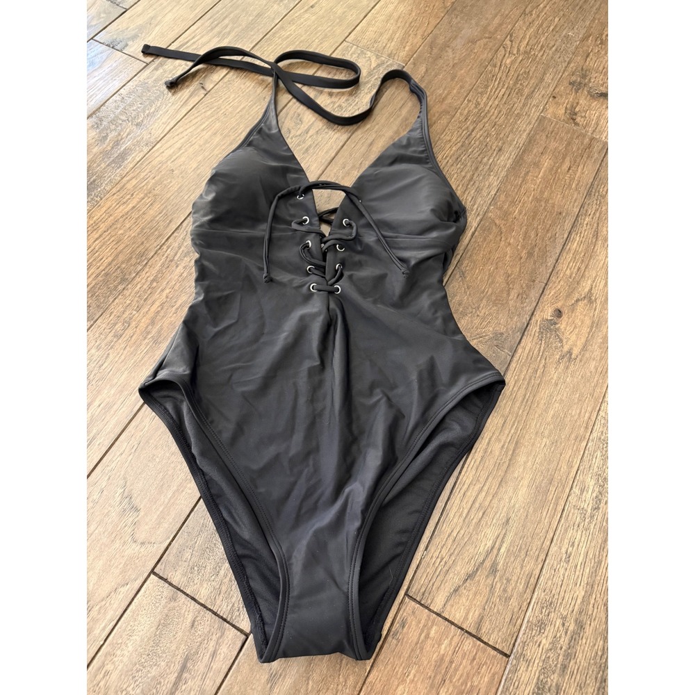 Adore Me One Piece Swimsuit Women M Black Lace Up Halter WIN-SW-11340-ONP